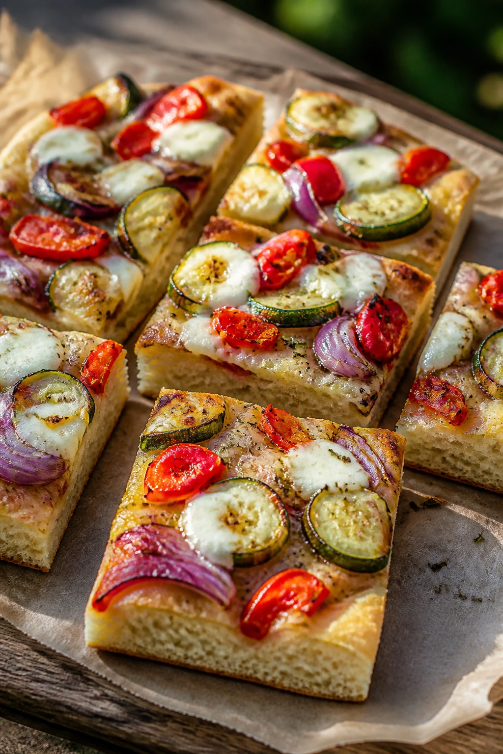 Close-up of focaccia squares with roasted vegetables on parchment