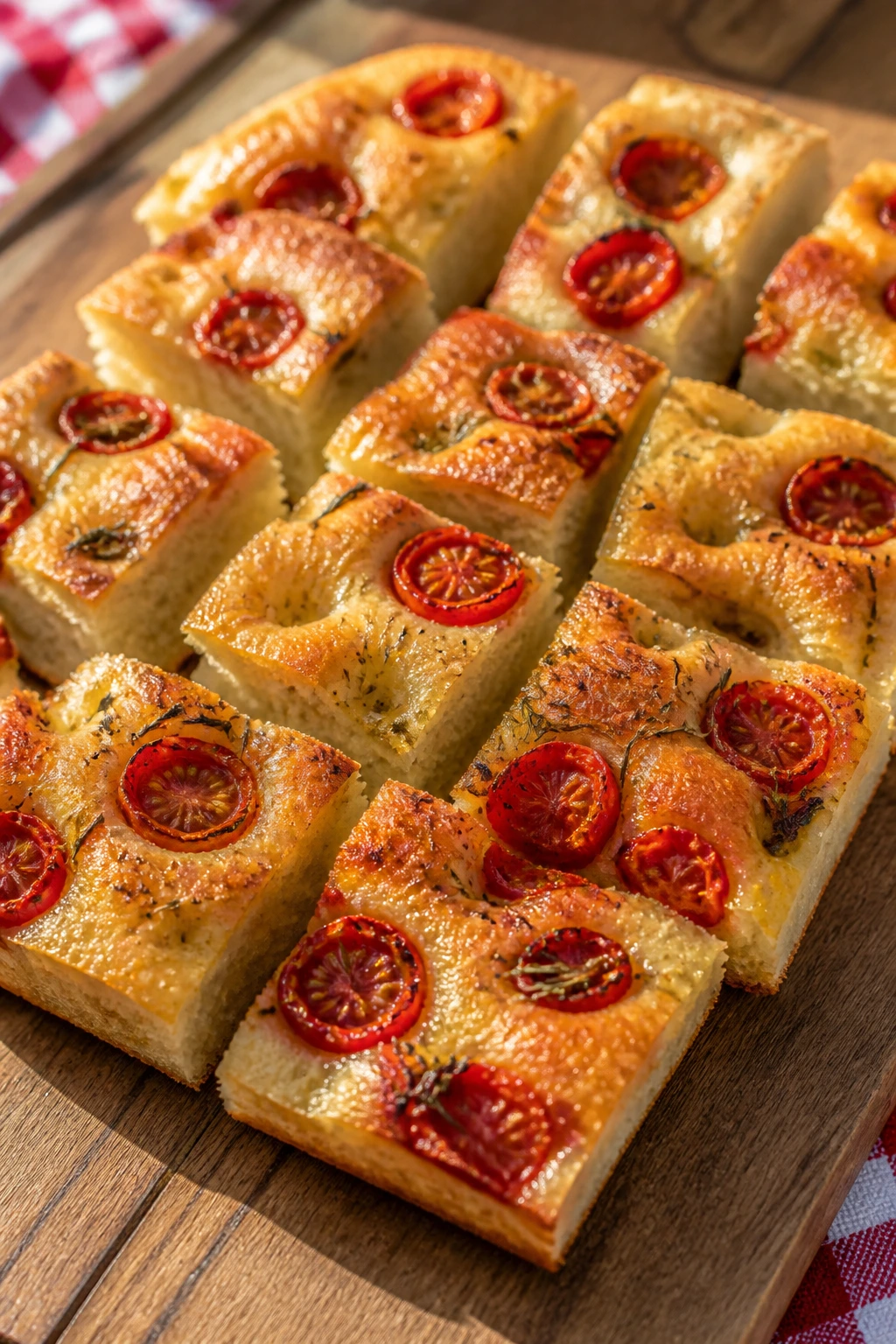 Close-up of cherry tomato focaccia squares on wooden board