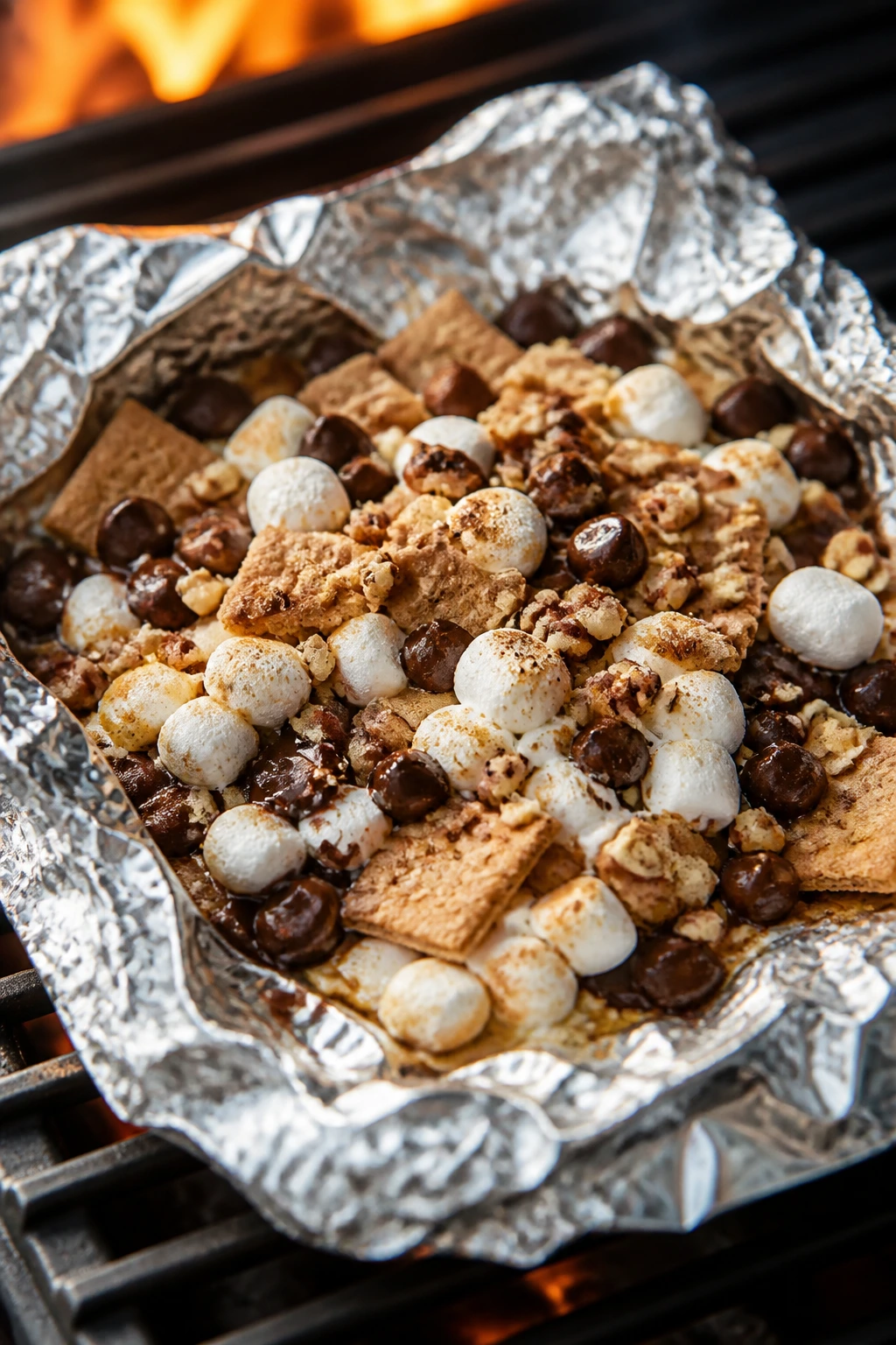 Close-up of foil-pack nachos with graham crackers, marshmallows and chocolate