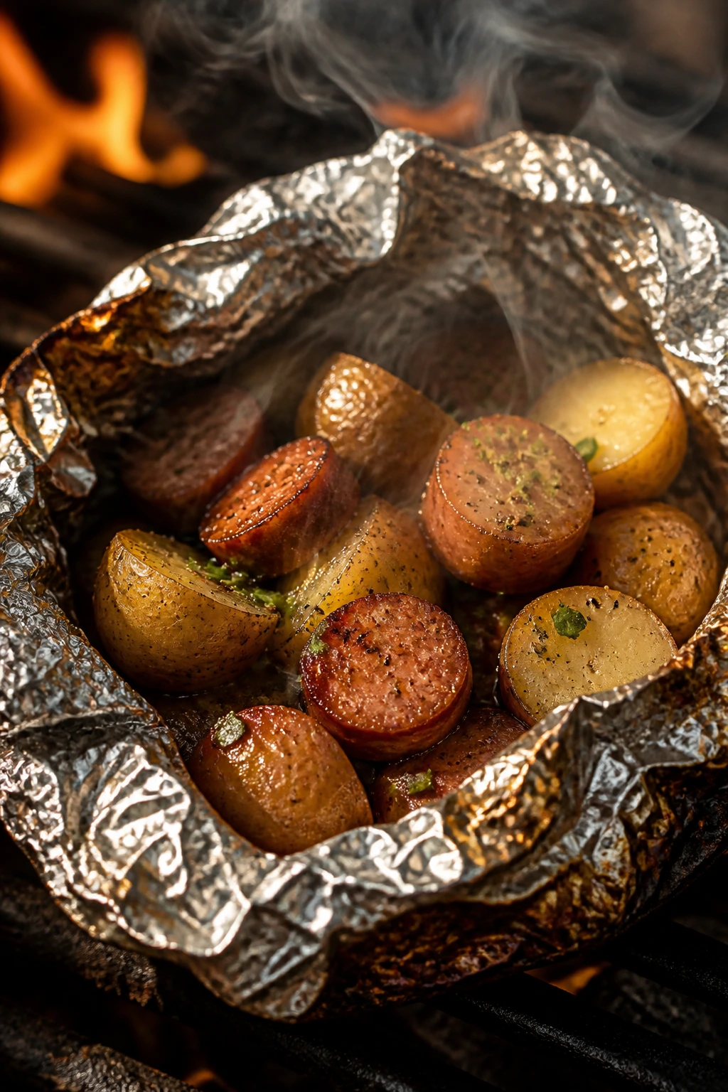 Foil packet with smoky sausage and potatoes steaming