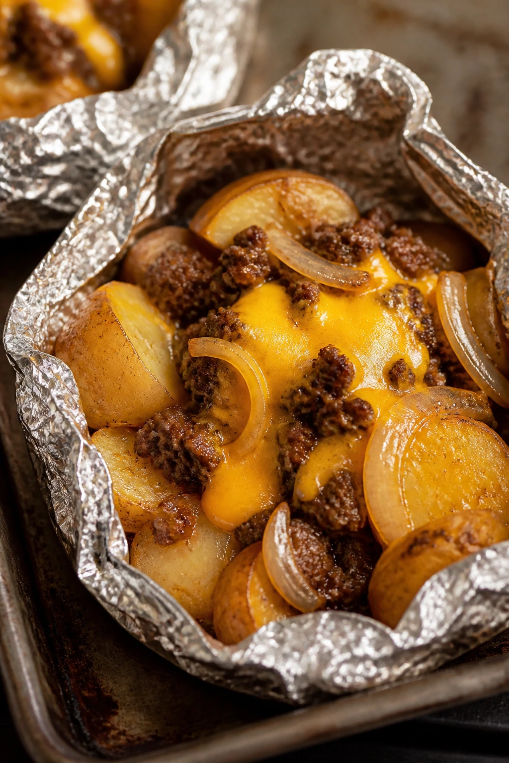 Foil packet opened to show cheeseburger-flavored beef with potatoes and onions