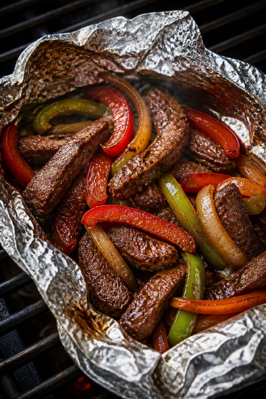Foil pack steak fajitas with peppers and onions opened on grill