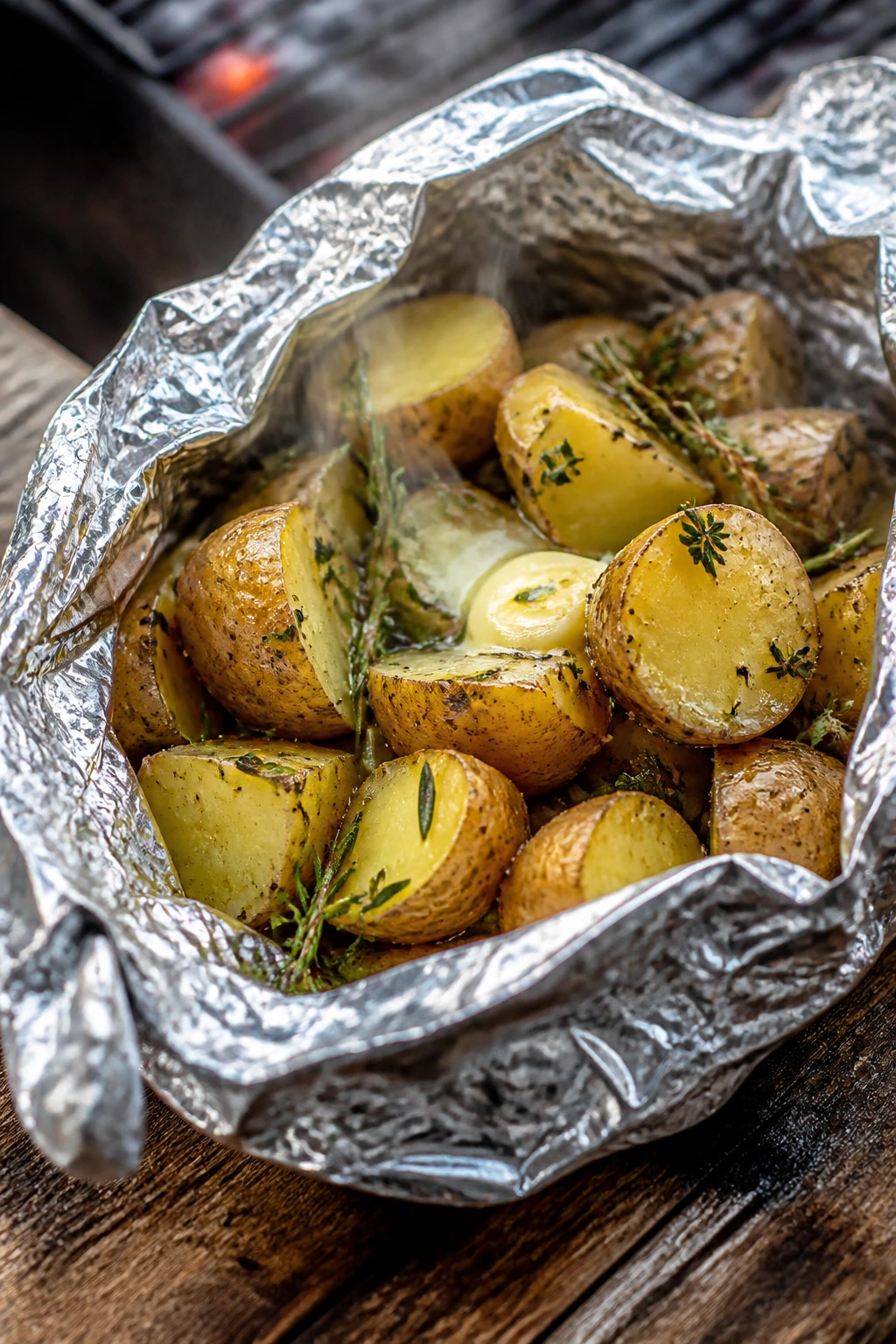 Foil packet of herb potatoes with steam rising outdoors