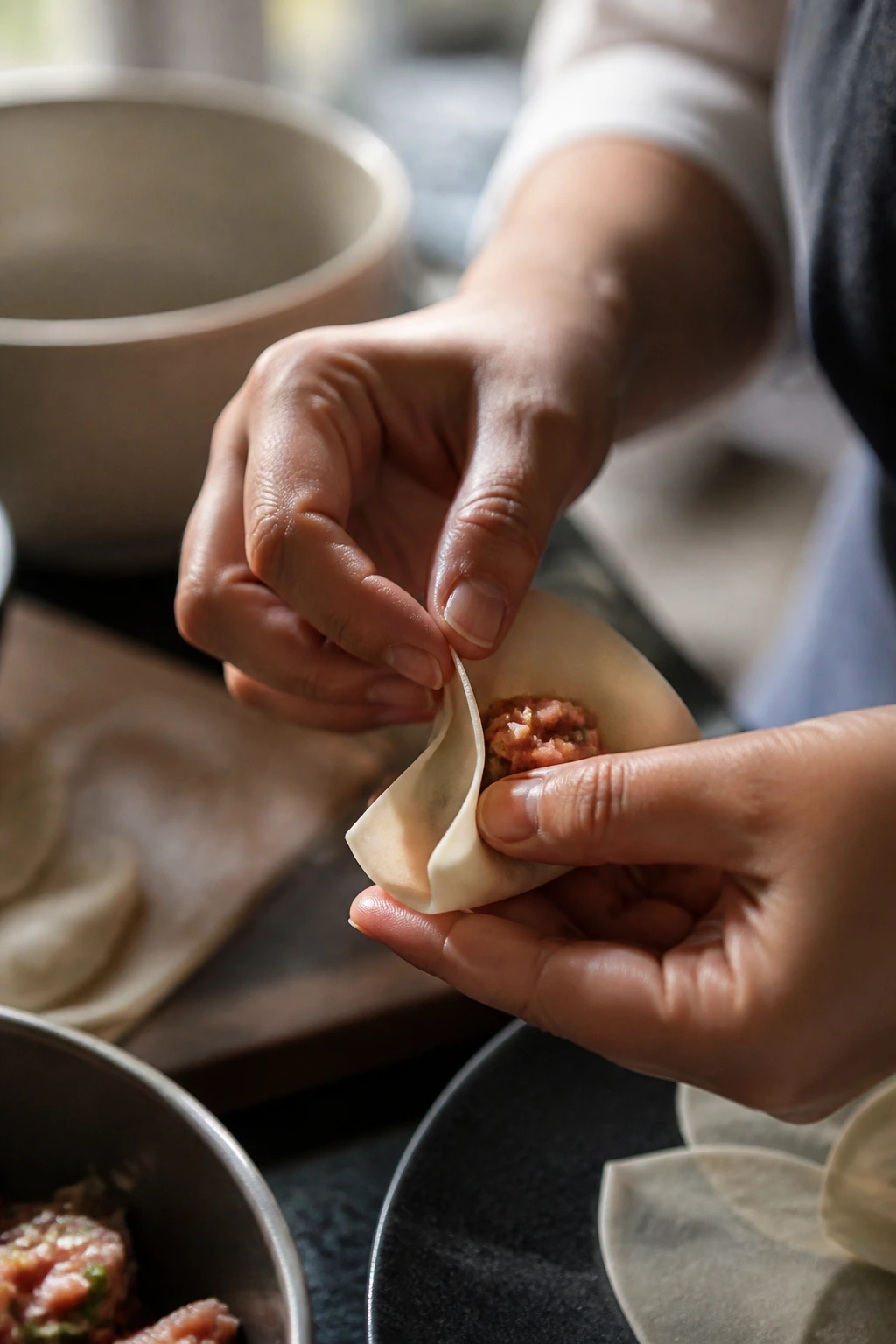 Hands folding a wonton wrapper over filling in a kitchen