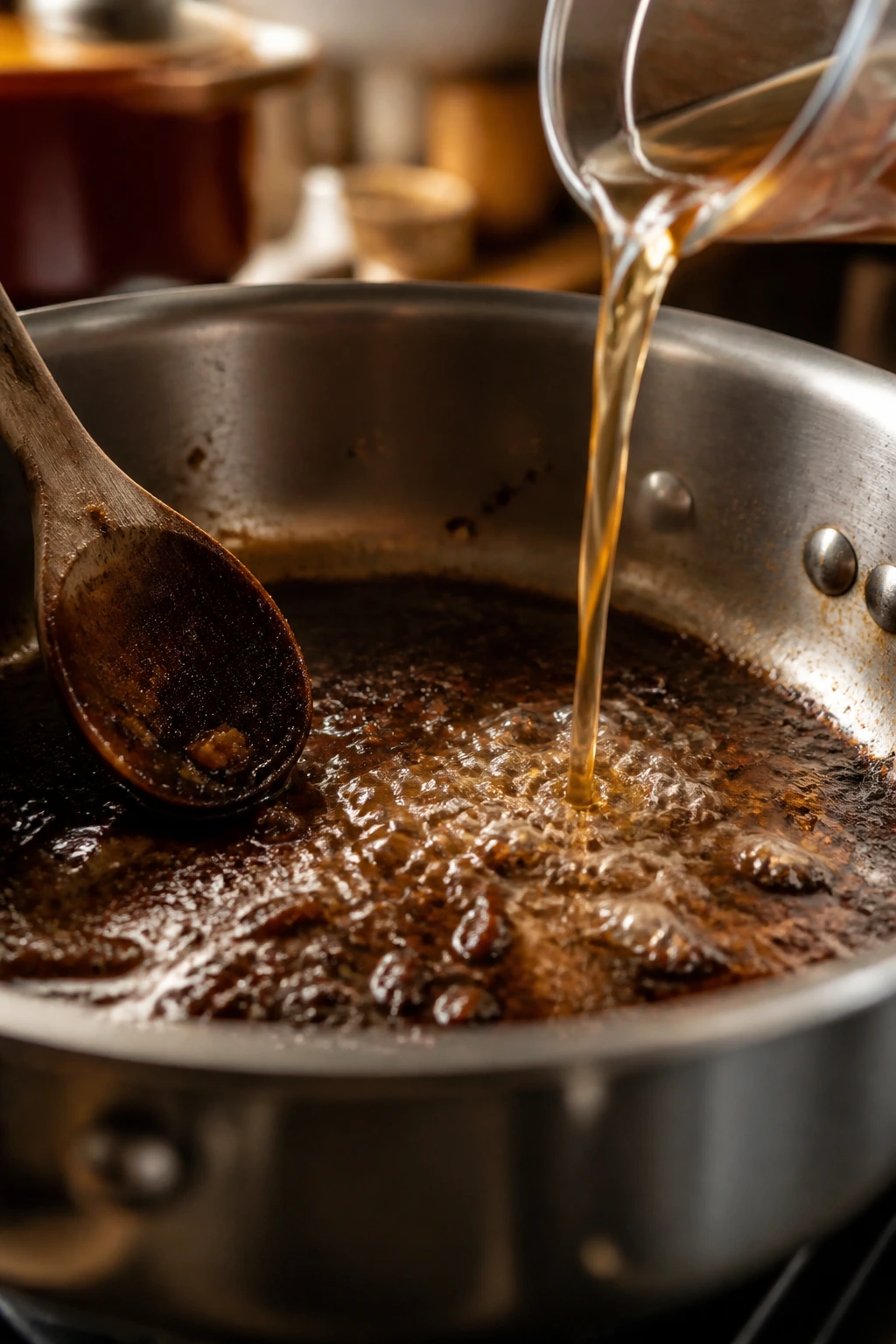 Skillet with browned fond and deglazing liquid