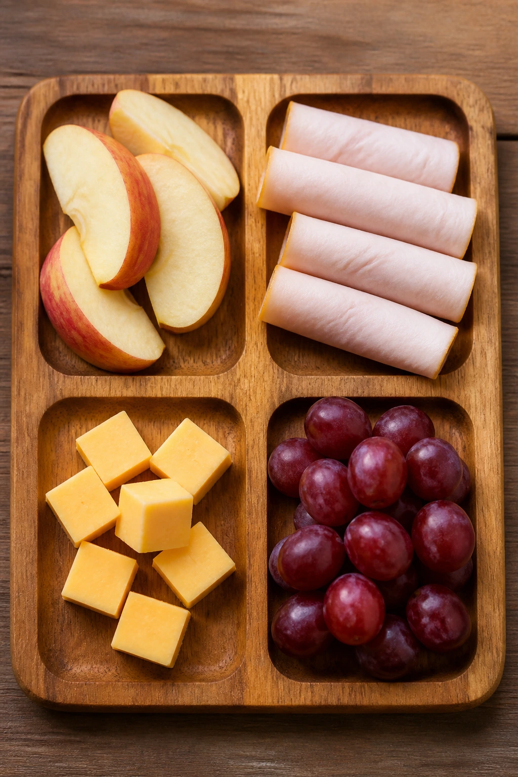 Four foods arranged on a wooden board for rotation acceptance