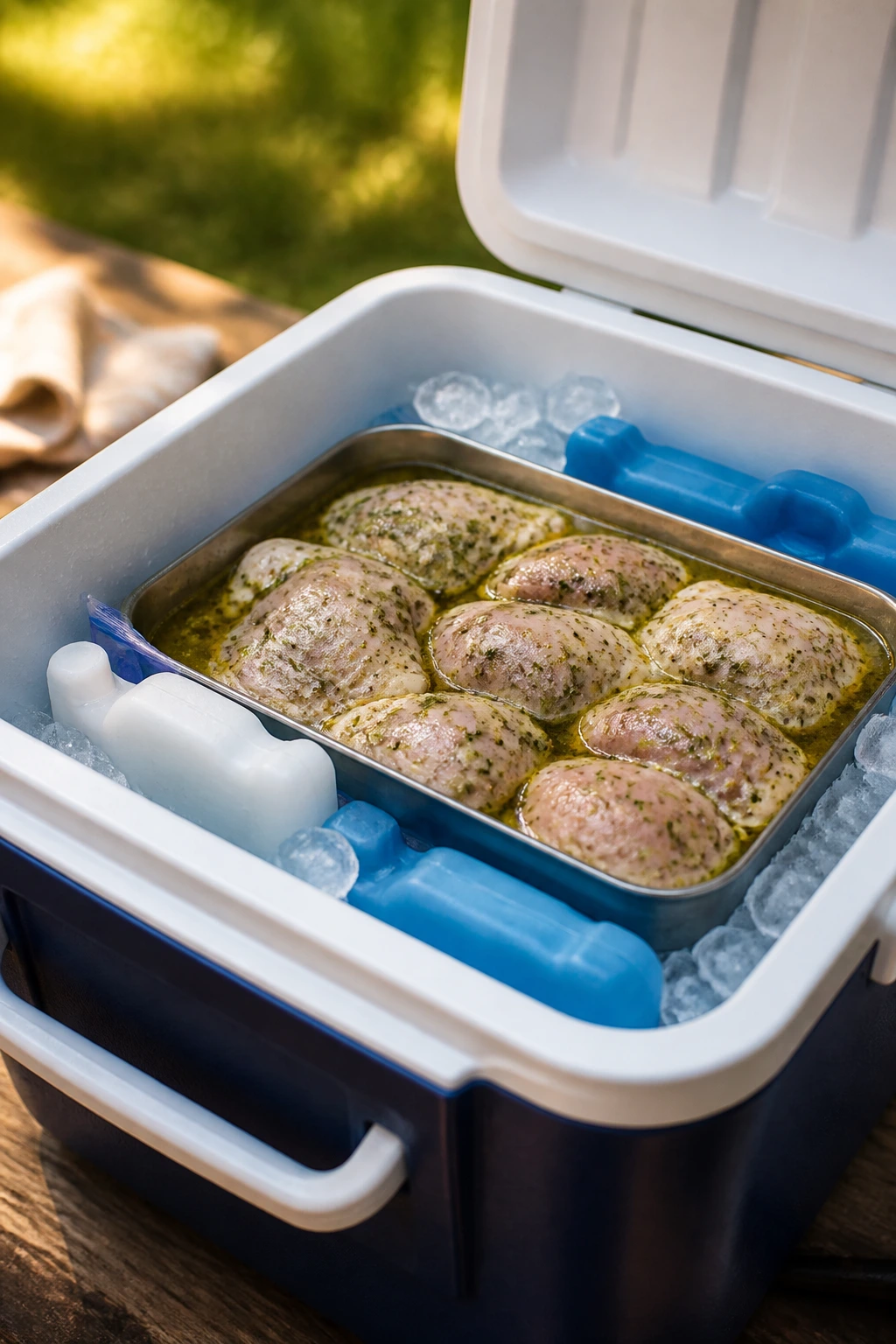 Cooler with ice packs and raw marinated chicken on a backyard table