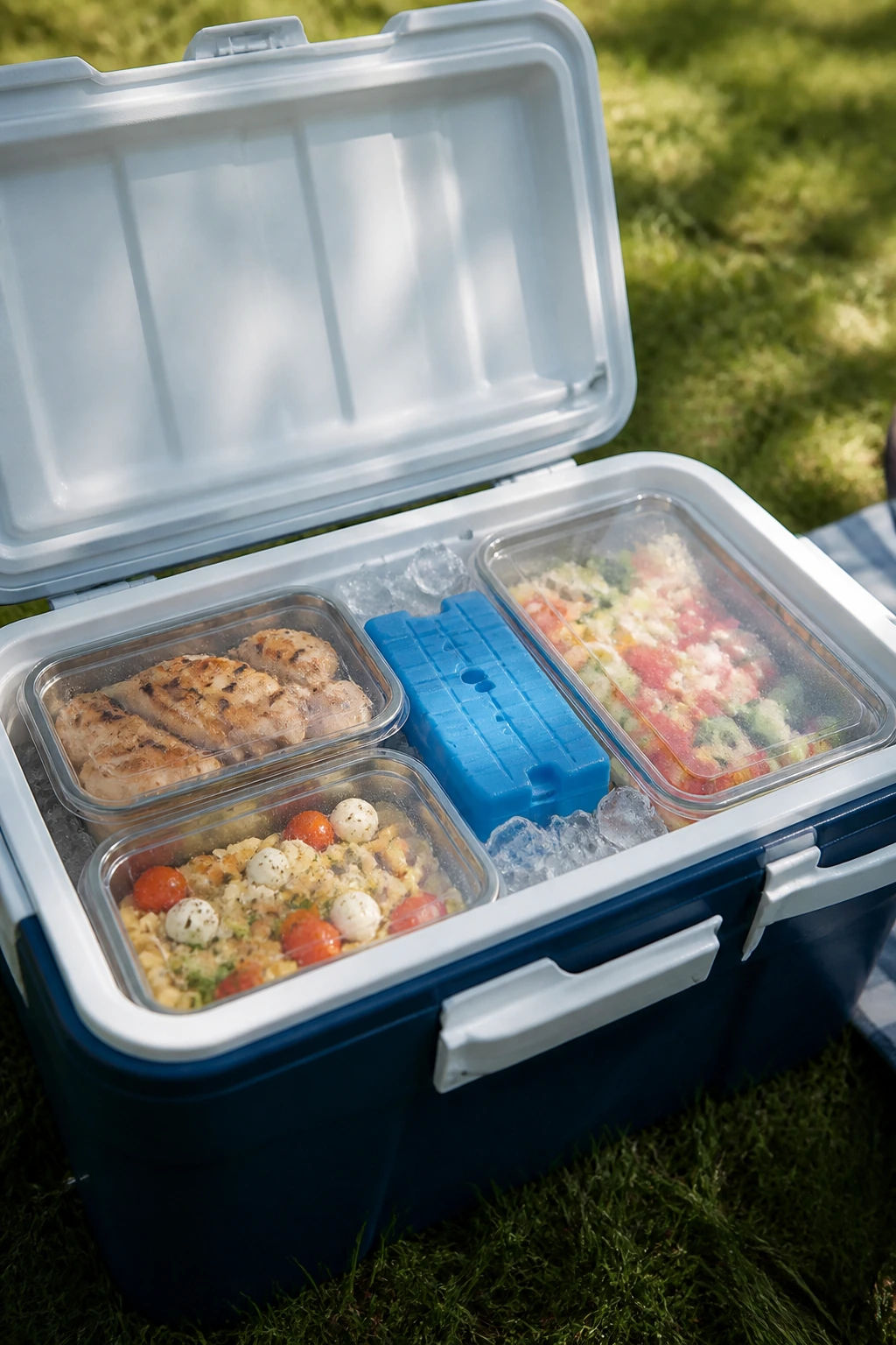 Open cooler with shallow pans and ice packs for safe cooling