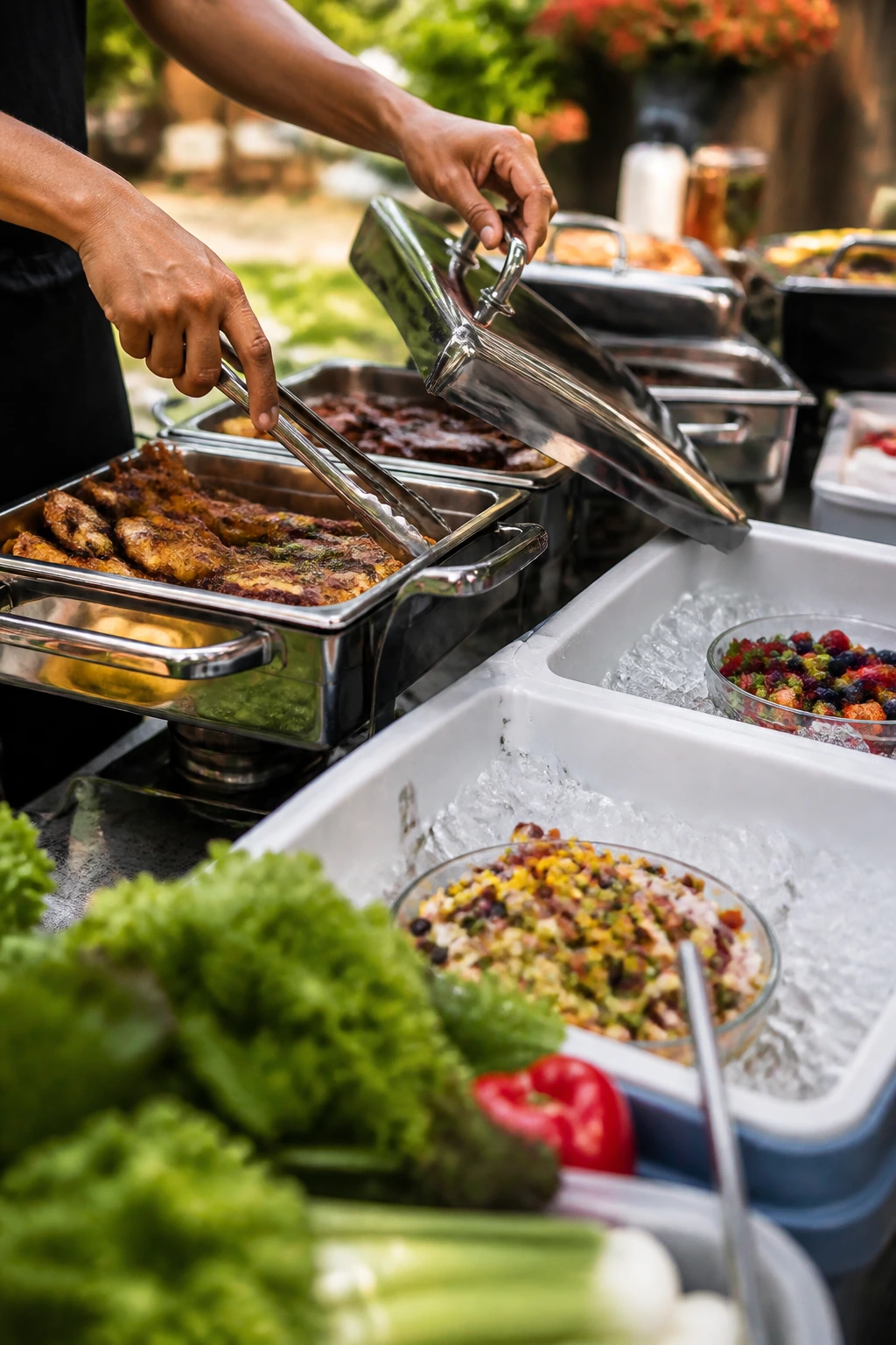 Outdoor food display showing hot and cold food safety setup