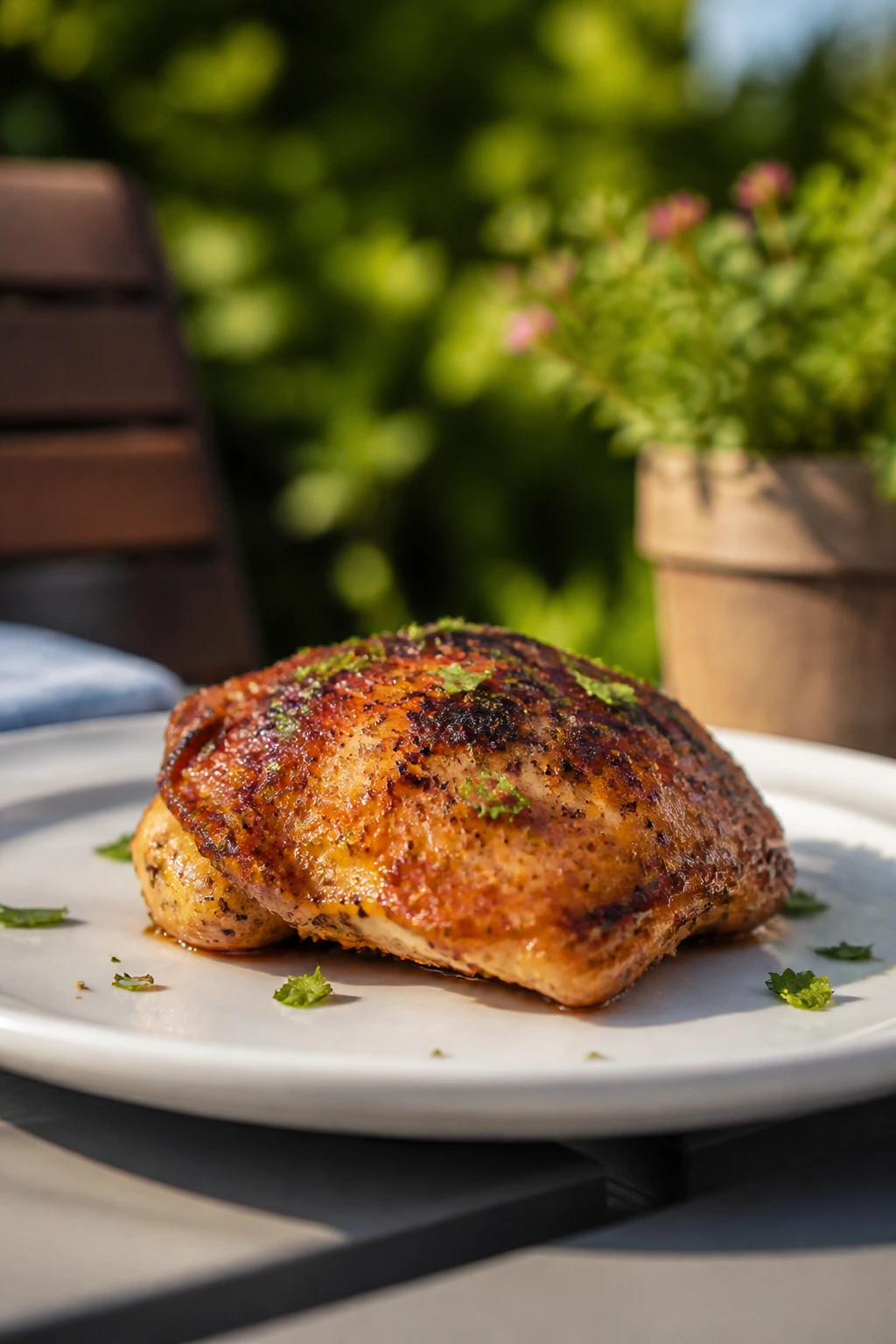 Cooked chicken thigh on a plate outdoors for food safety