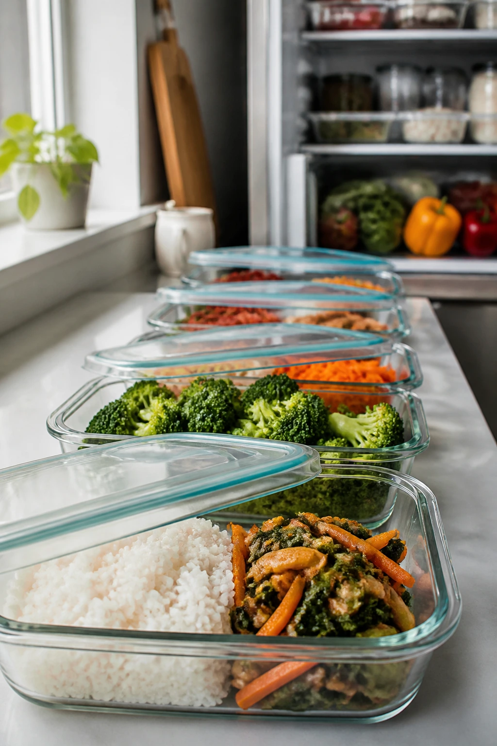 Row of containers cooling on a kitchen counter ready for packing