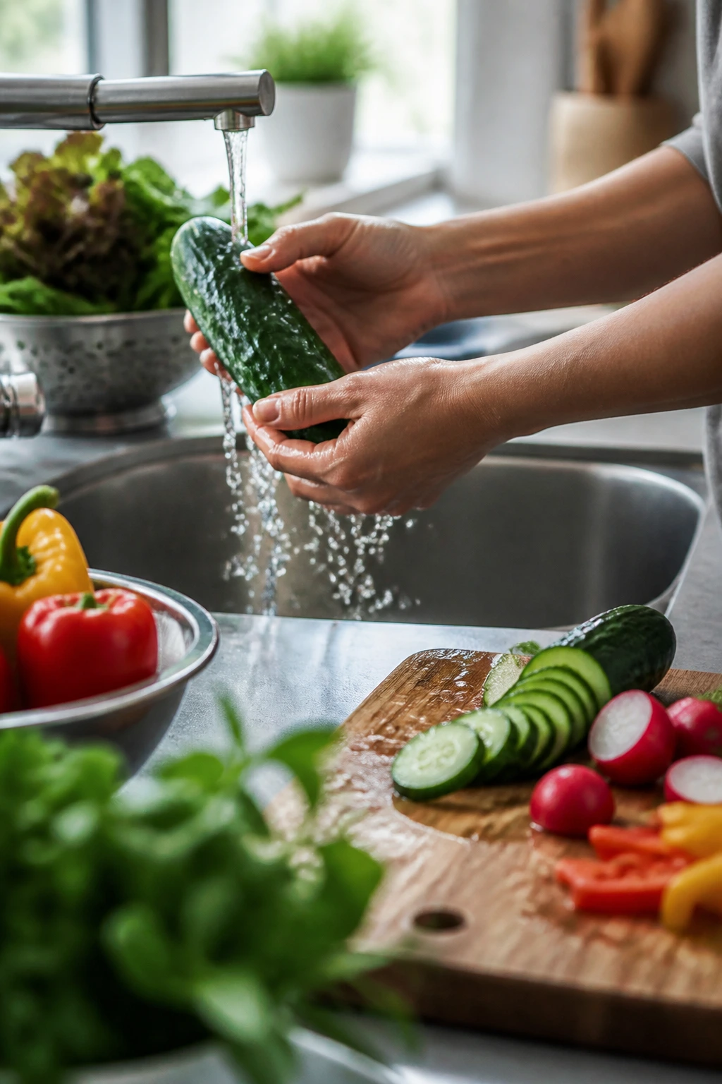 Close-up of hands washing fresh vegetables in a clean kitchen to emphasize food safety and produce handling