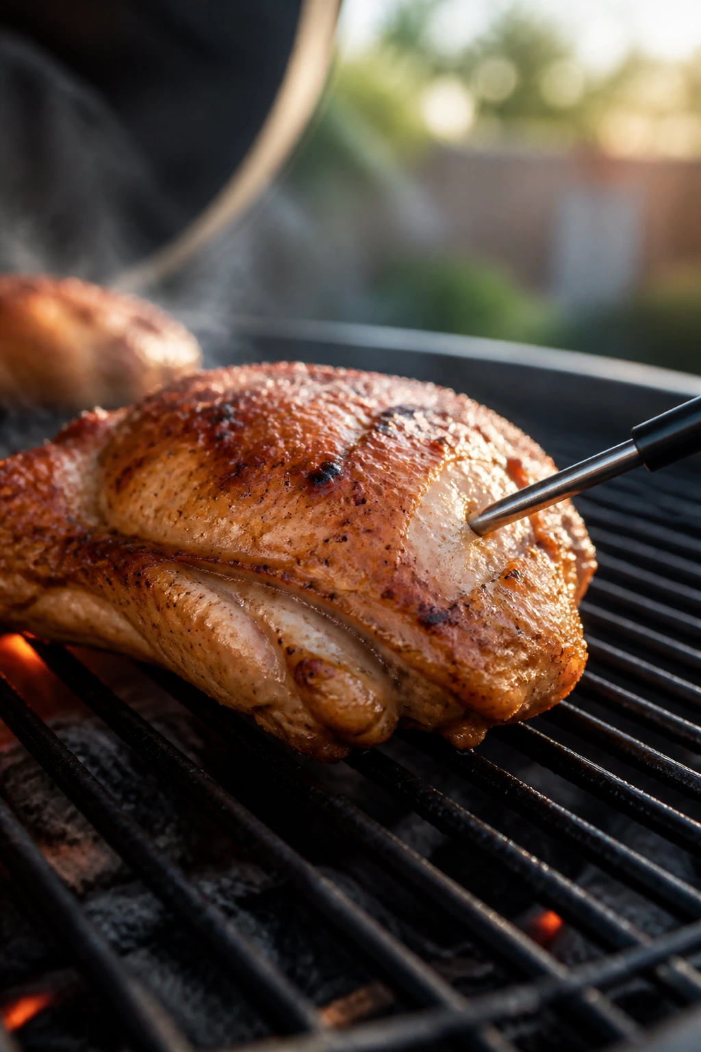 Meat with thermometer probe being checked on a backyard grill, warm daylight