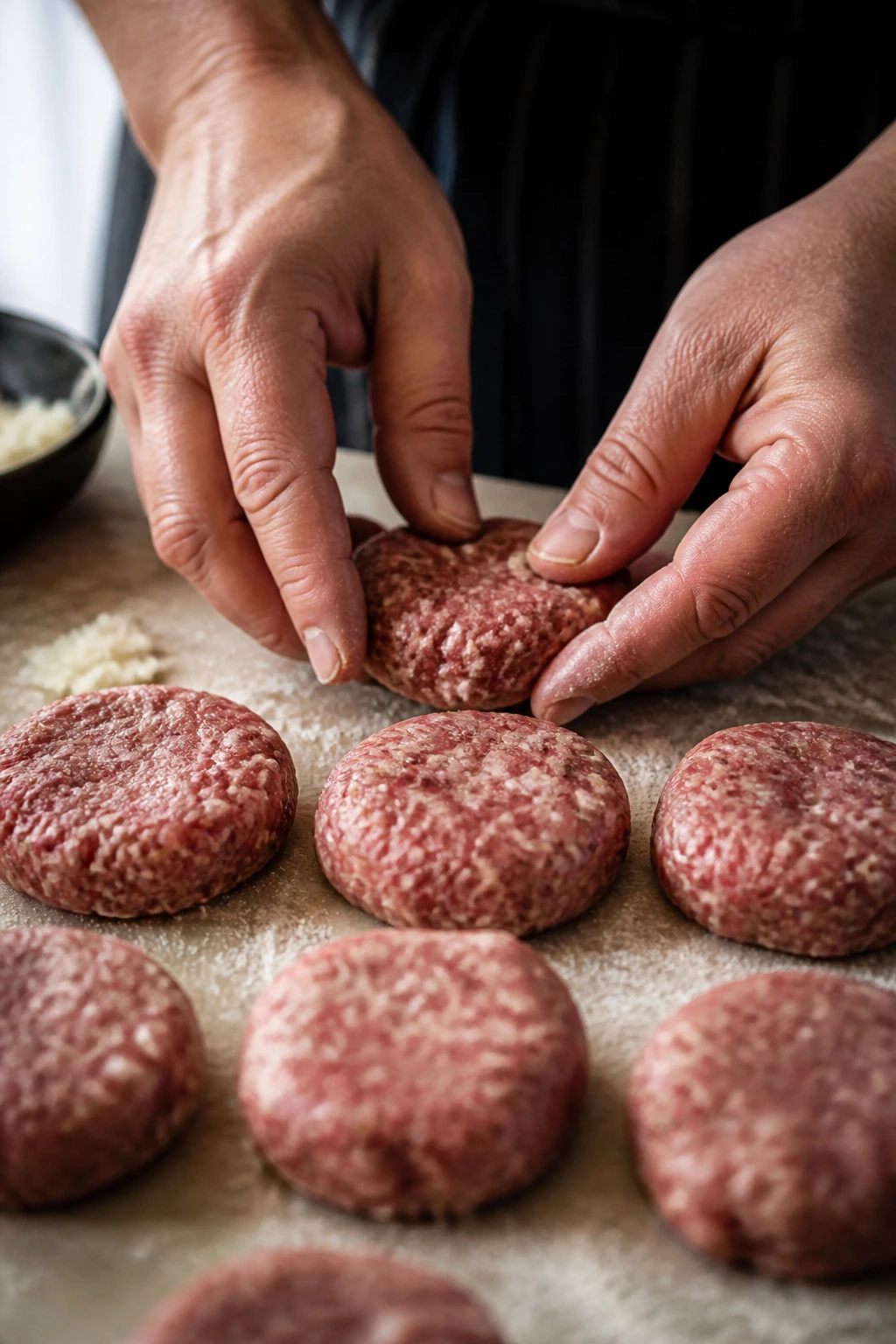Hands forming eight evenly sized juicy burger patties