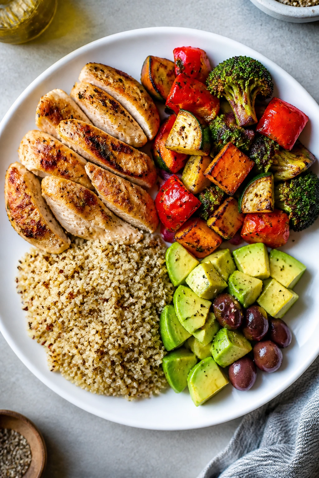 Top-down plate showing four distinct food blocks for balance