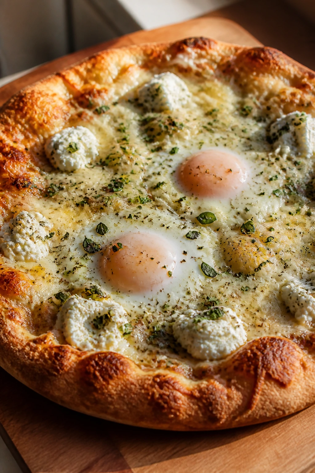 Four-cheese herb breakfast pizza with herbs and eggs