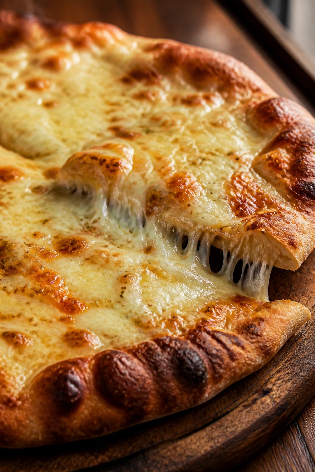 Close-up of four-cheese pizza with a bubbly mozzarella fontina provolone parmesan mix