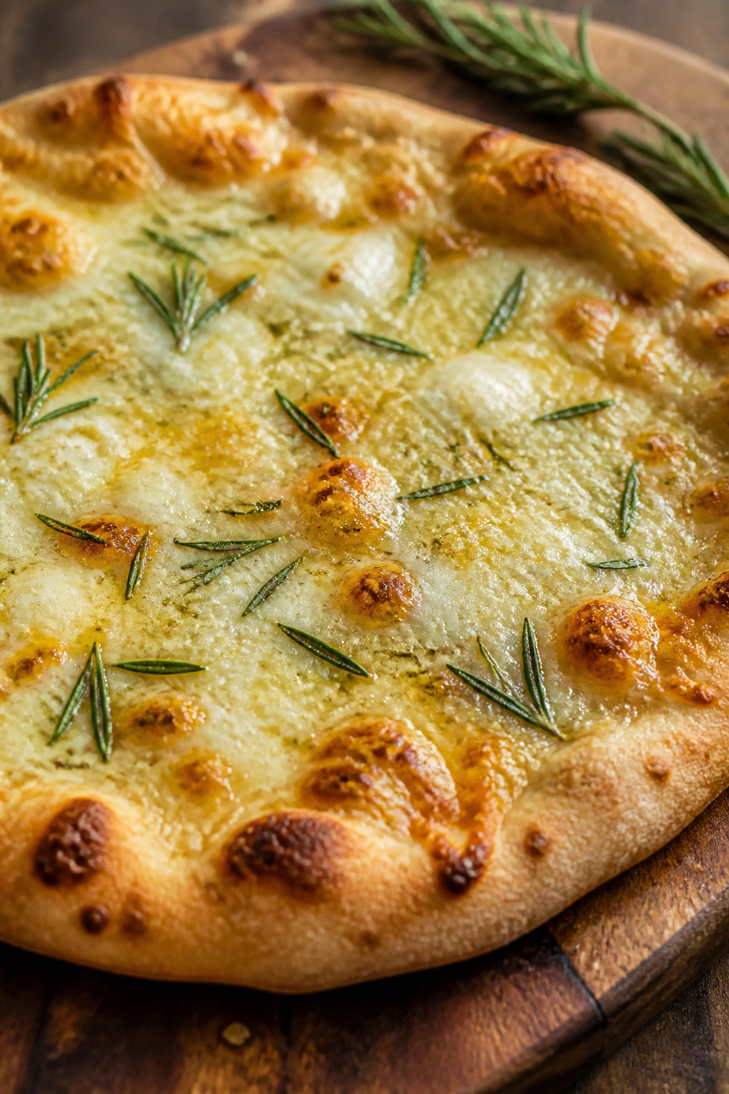 Close-up of four-cheese pizza with rosemary on wooden board