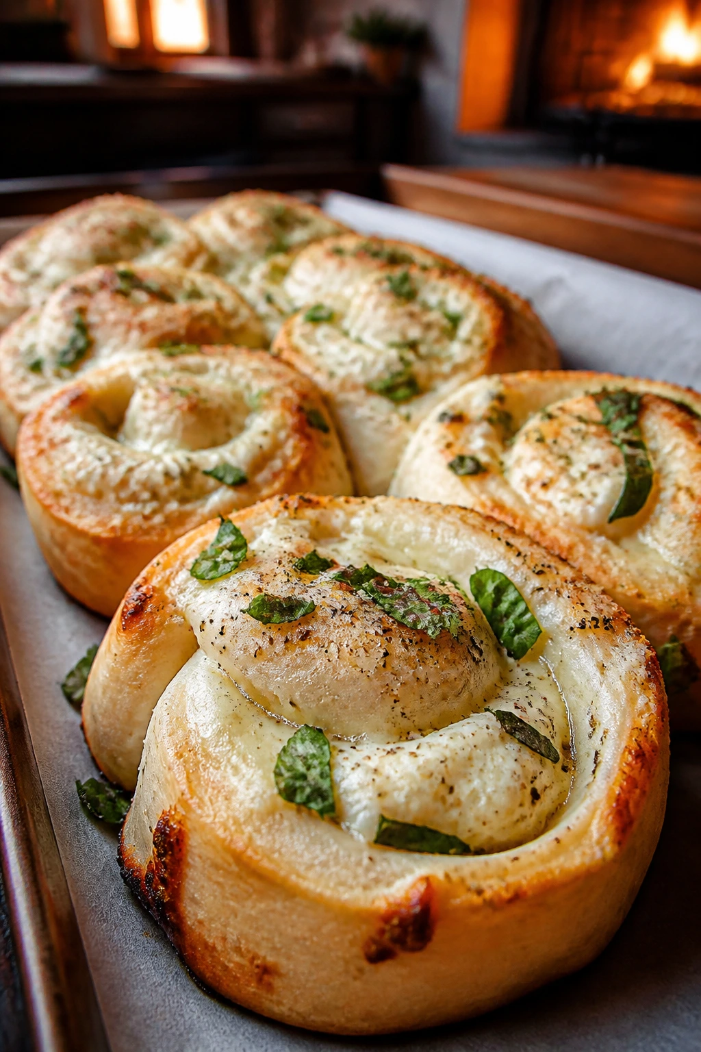 Close-up of four-cheese Tuscan blend rolls sliced to reveal creamy filling