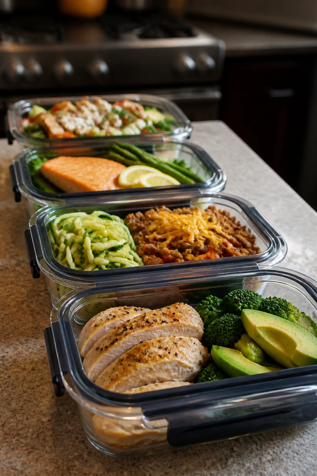 Four meal-prep containers lined up on a kitchen counter