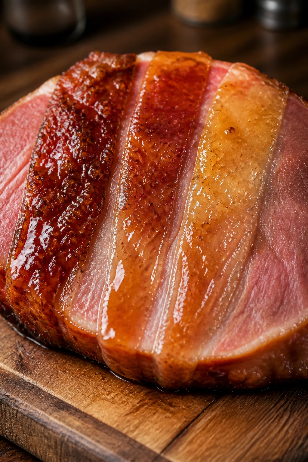 Ham slice with four glaze tones across surface