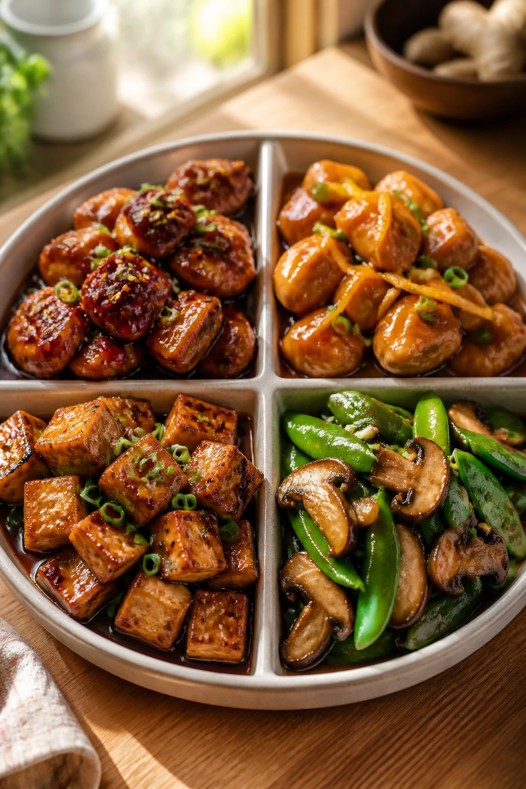 Divided plate with four glossy sauce variations for a quick Asian stir-fry in a warm kitchen