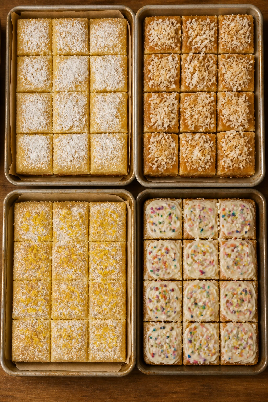Four baking trays with different bar variations on a wooden counter