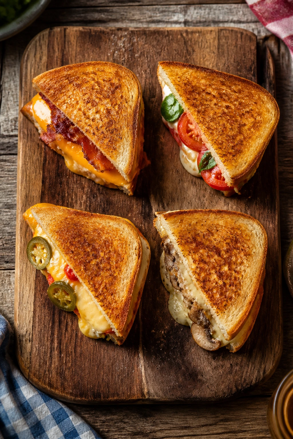 Wooden board with four grilled cheese variations for a backyard cookout