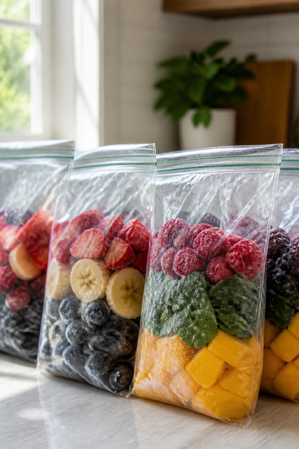 Freezer bags with frozen smoothie ingredients ready for make-ahead prep.