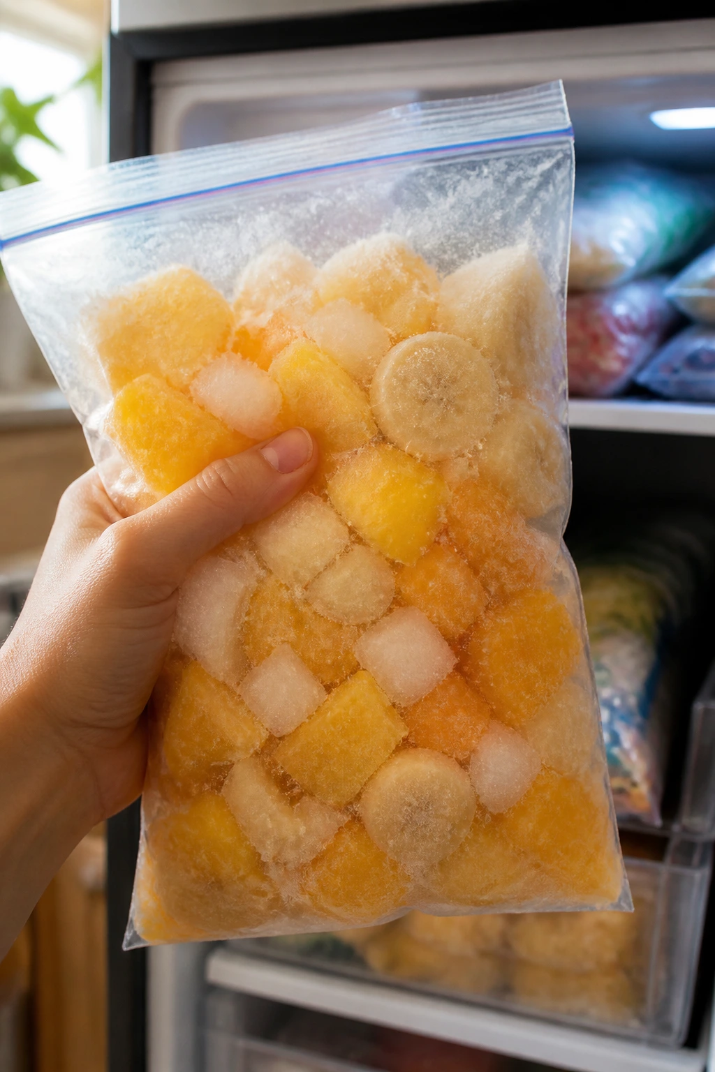Hand holding a freezer bag of frozen fruit in a bright kitchen