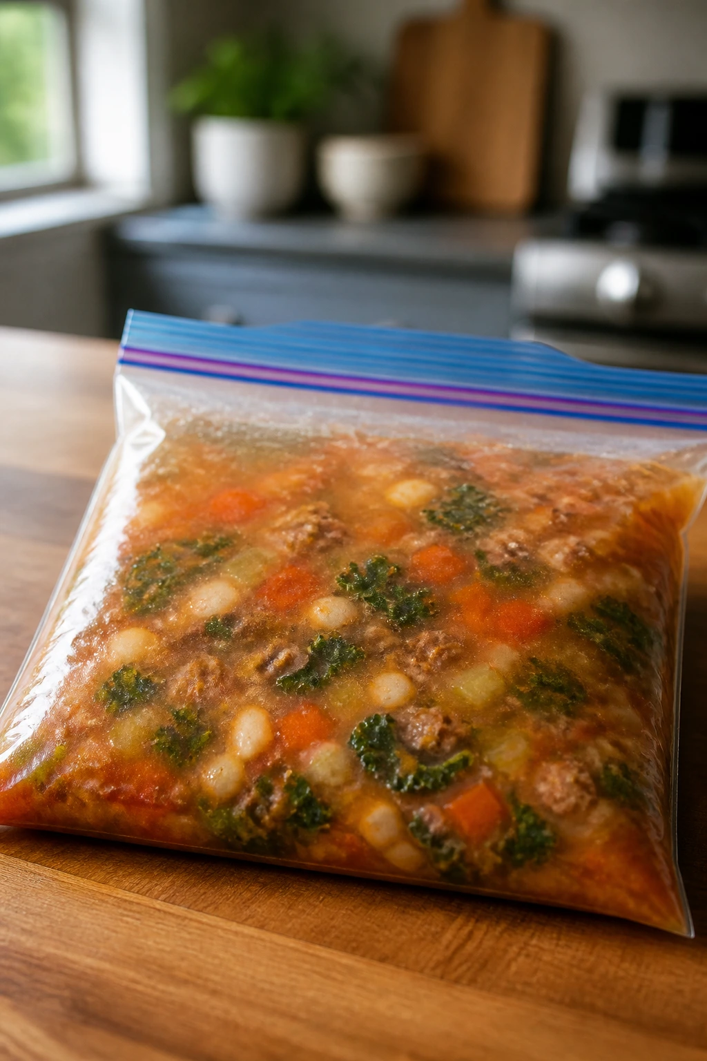 Flat freezer bag filled with sausage soup on a kitchen counter.