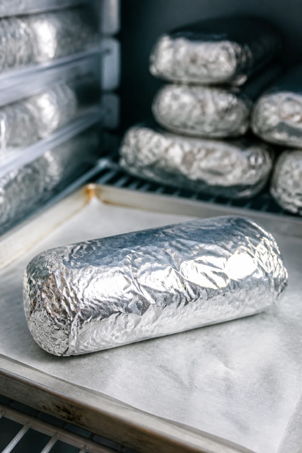 Foil-wrapped burrito on a parchment tray ready for freezing.