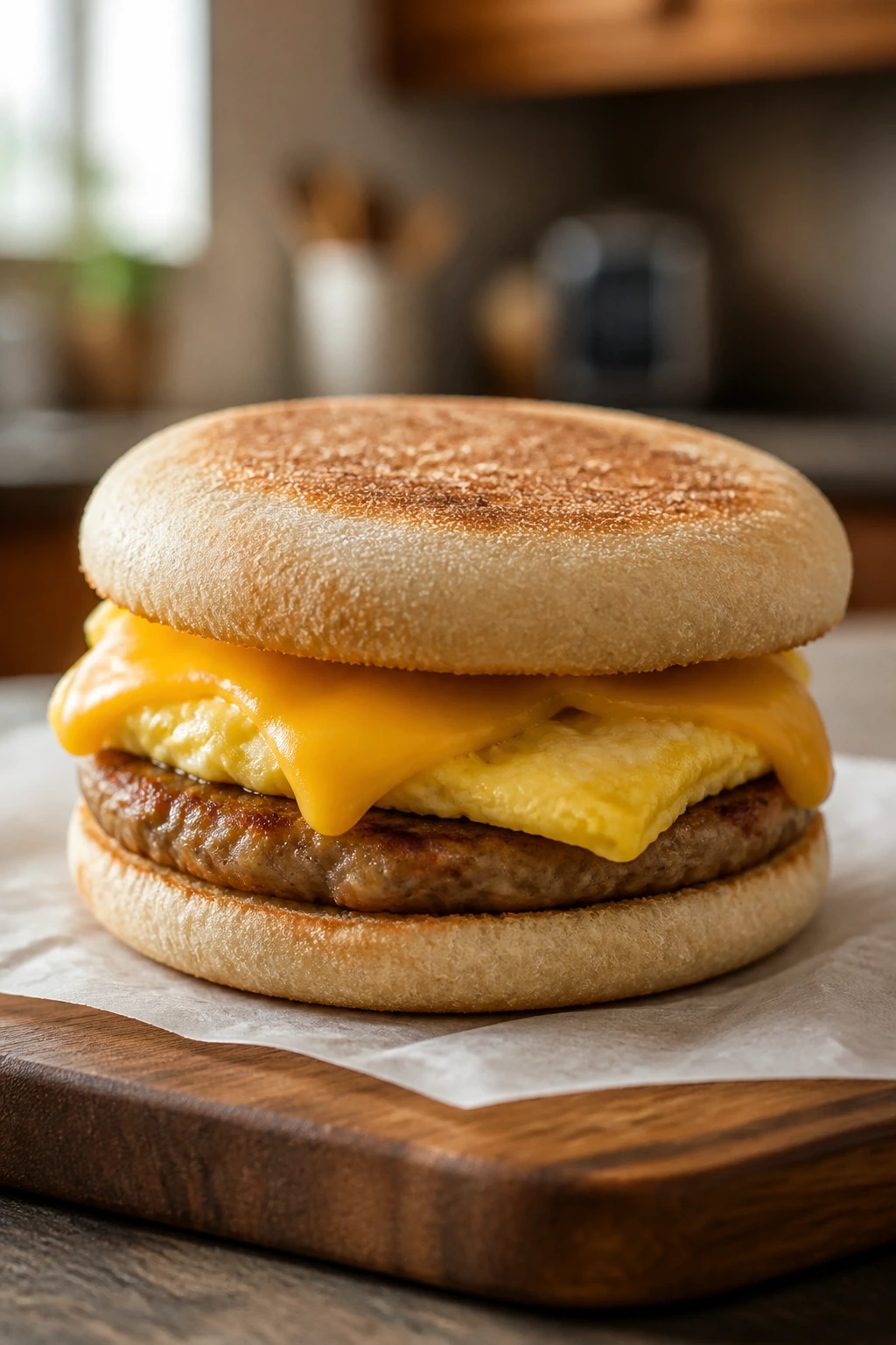 Close-up of a breakfast sandwich with eggs, cheese, and sausage on an English muffin