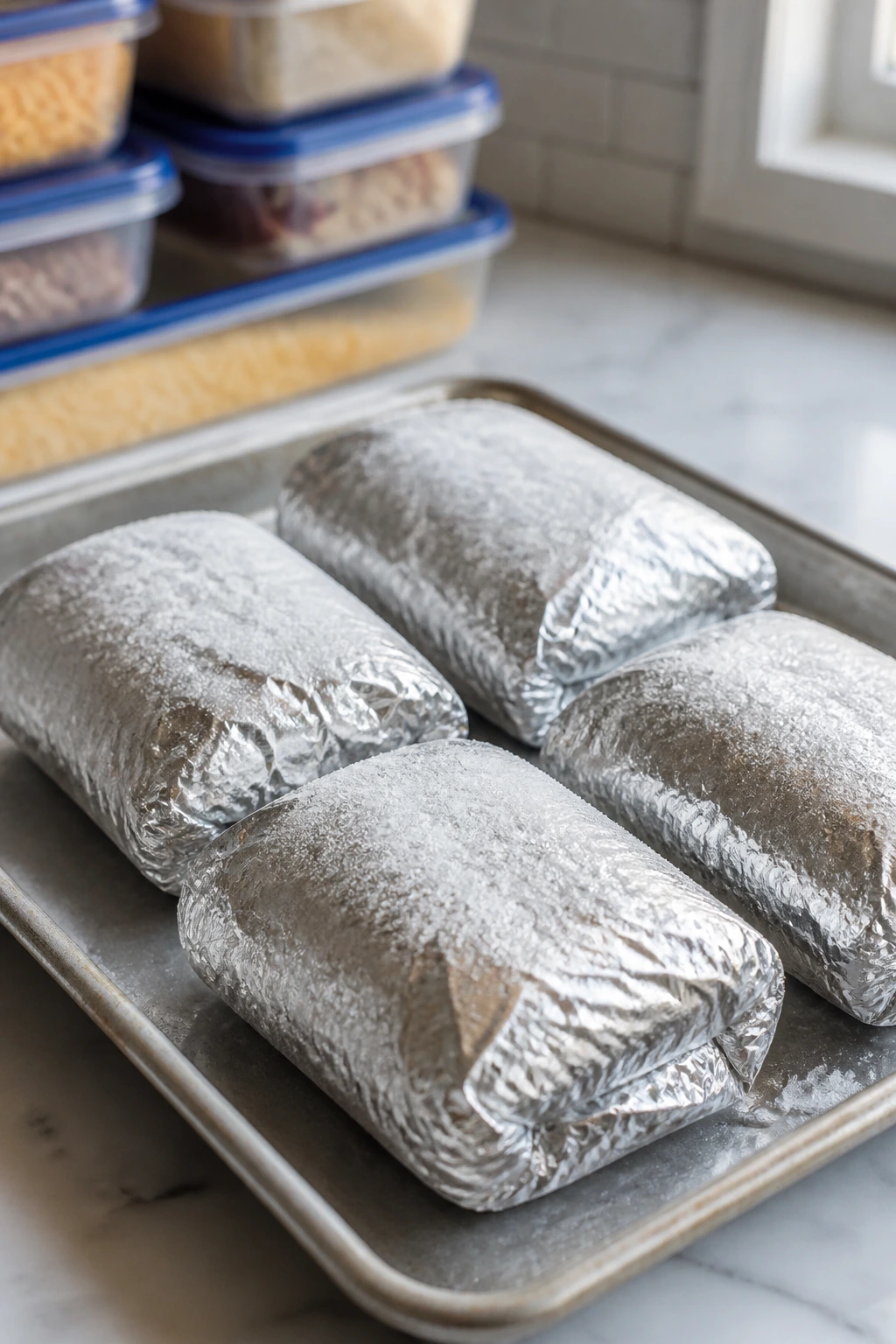 Foil-wrapped breakfast burritos ready for freezing, on a baking sheet.