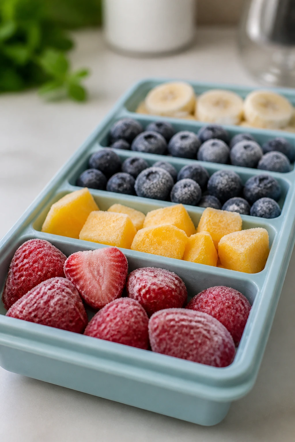 Close-up of frozen fruit in a silicone tray on a kitchen counter