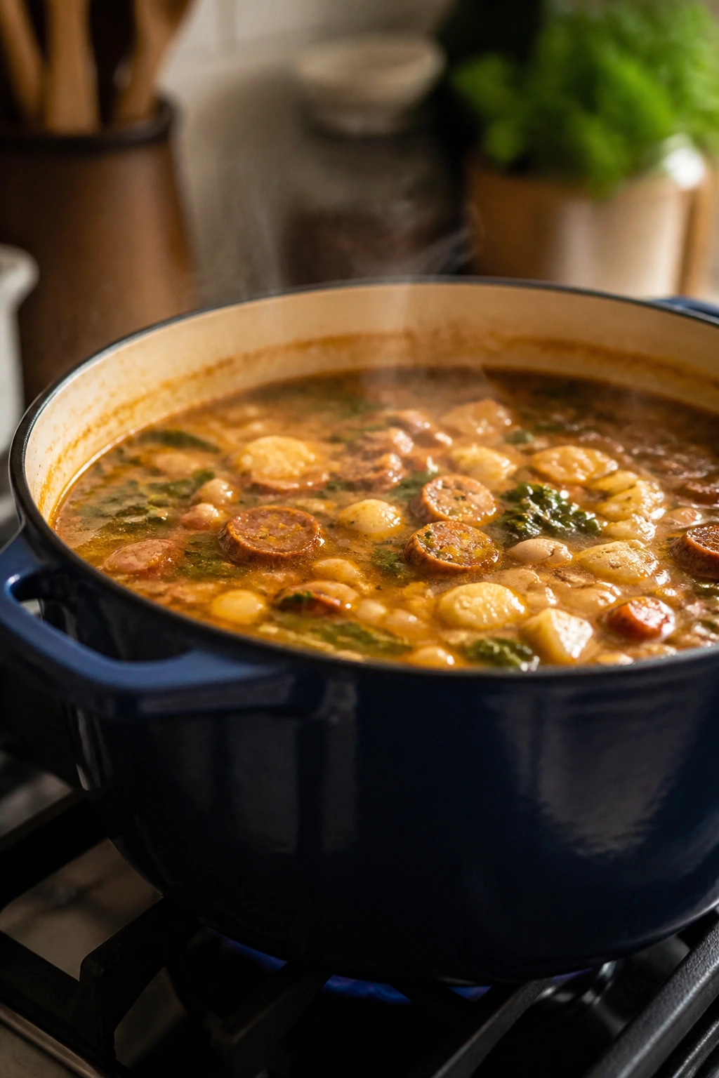 Stovetop view of a heavy pot with steaming soup, illustrating freezer-friendly texture