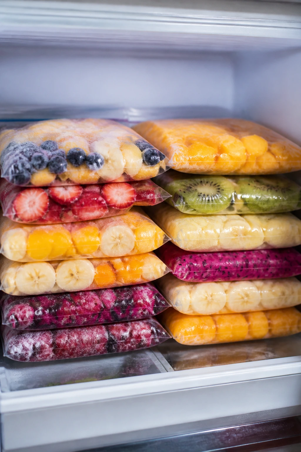 Colorful frozen smoothie packs in clear bags inside a home freezer
