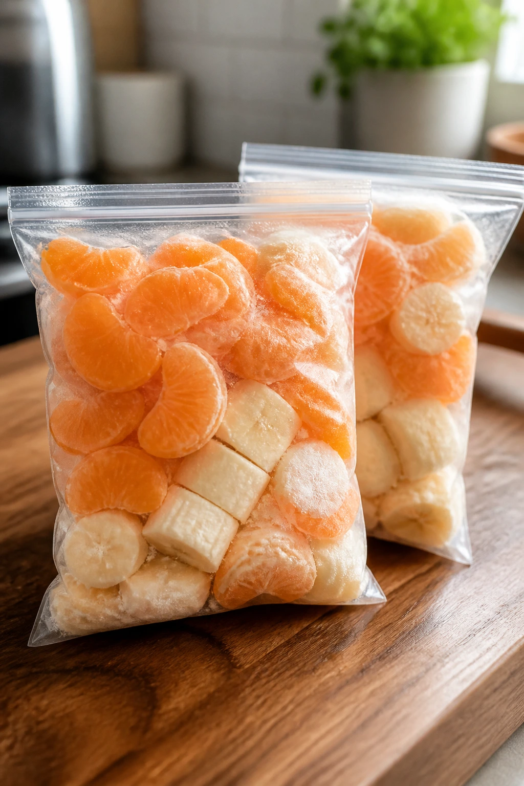 Freezer packs with frozen fruit on a kitchen counter