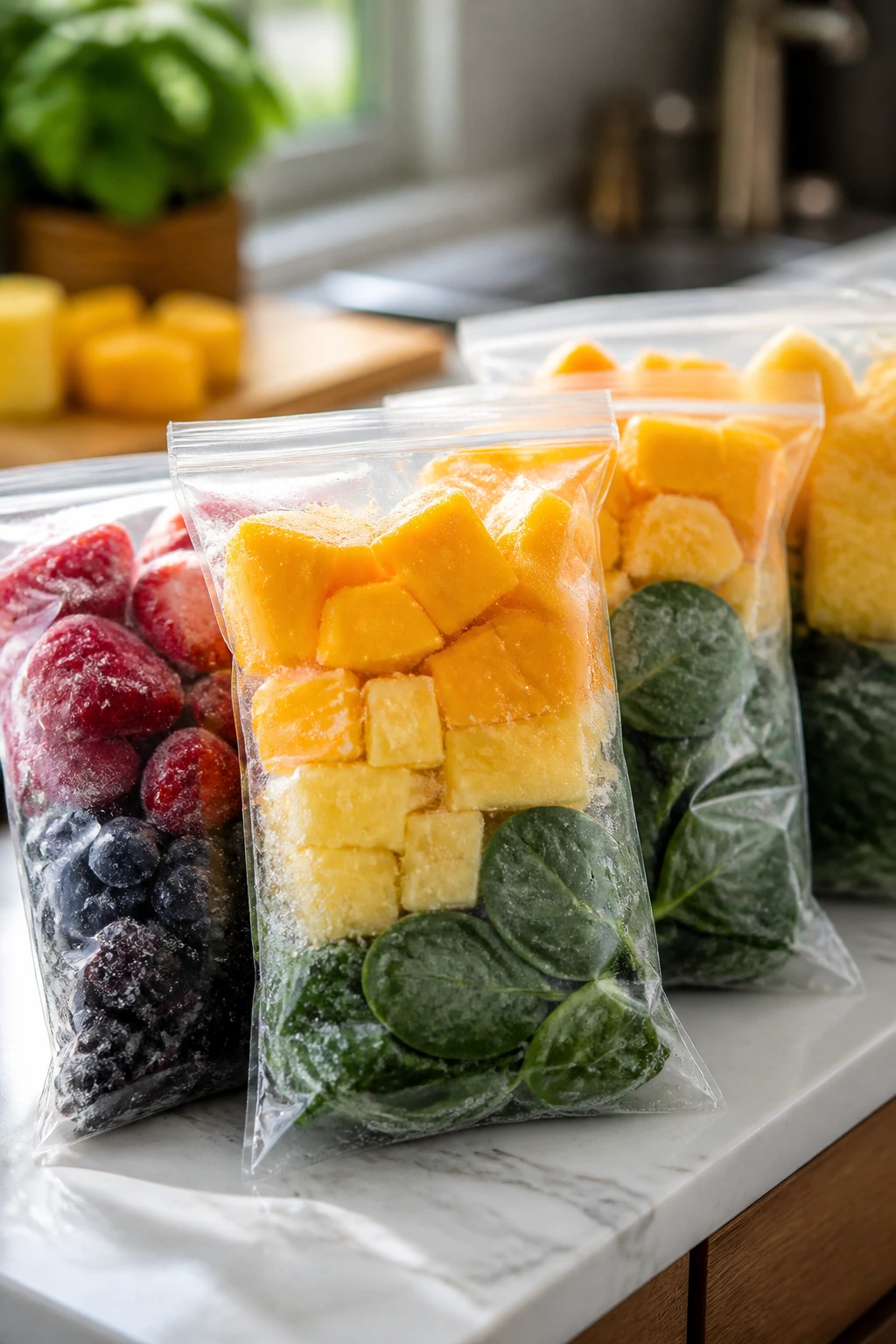 Close-up of colorful freezer packs with tropical fruits for make-ahead smoothies in a kitchen