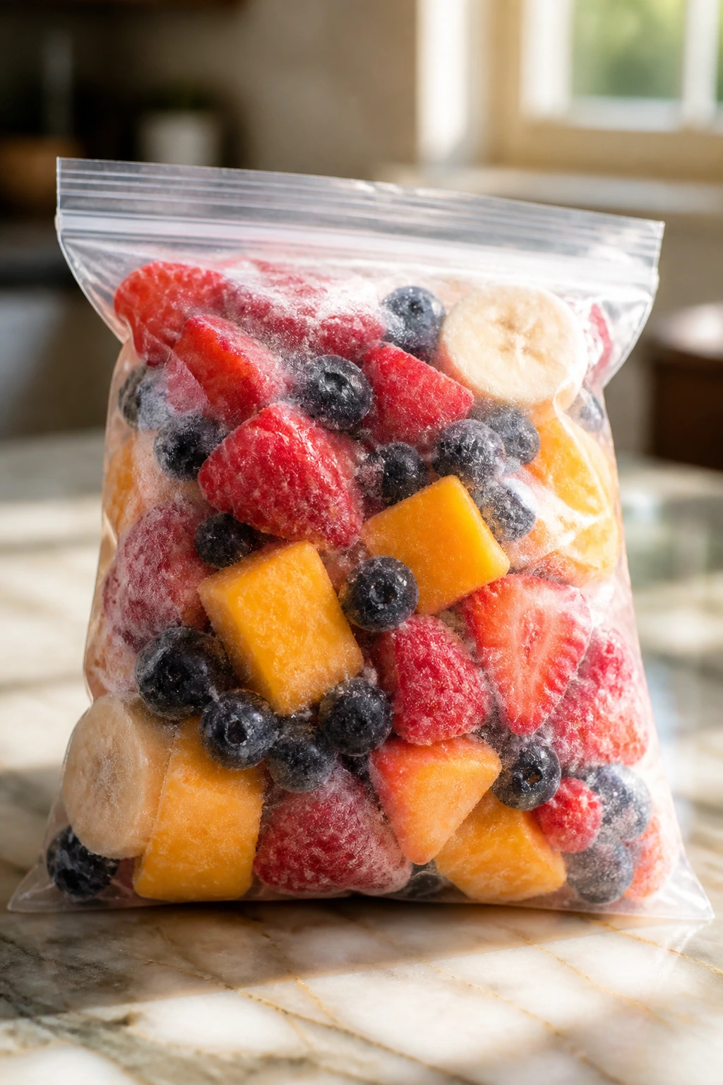 Close-up of a clear freezer bag filled with frozen fruit on a kitchen counter