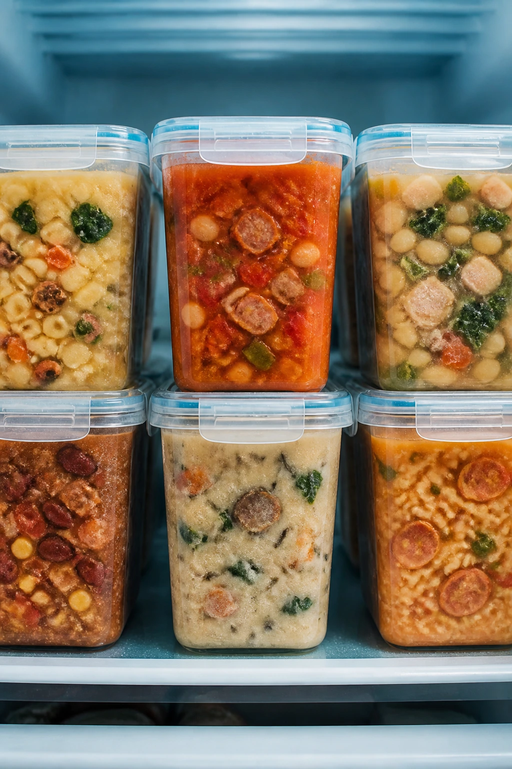 Row of freezer containers with chunky soup in a home freezer