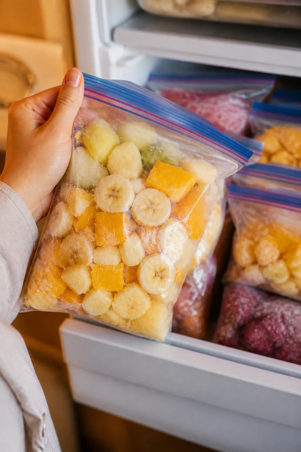 Hand pulling a neatly packed freezer bag from an organized freezer