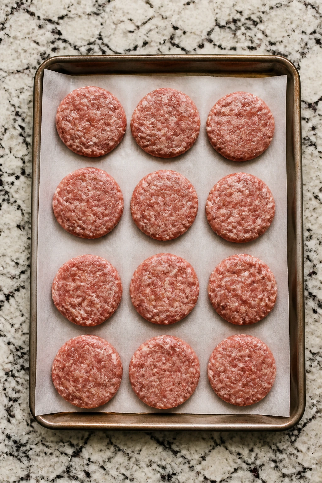 Parchement-lined tray with raw sausage patties ready for freezing