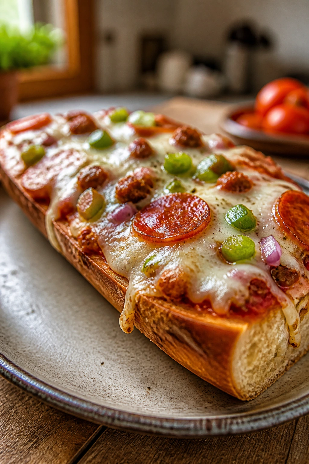 French bread pizza slice with bubbling cheese