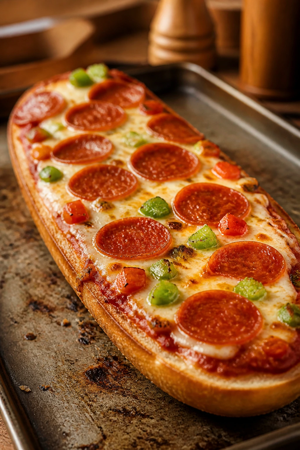 Close-up of French bread pizza with crisp crust and melted cheese.
