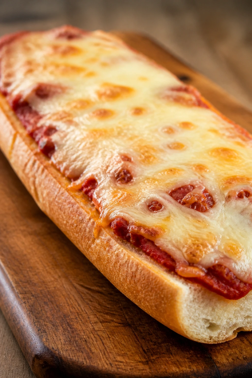 Half loaf French bread pizza with sauce and cheese on cutting board