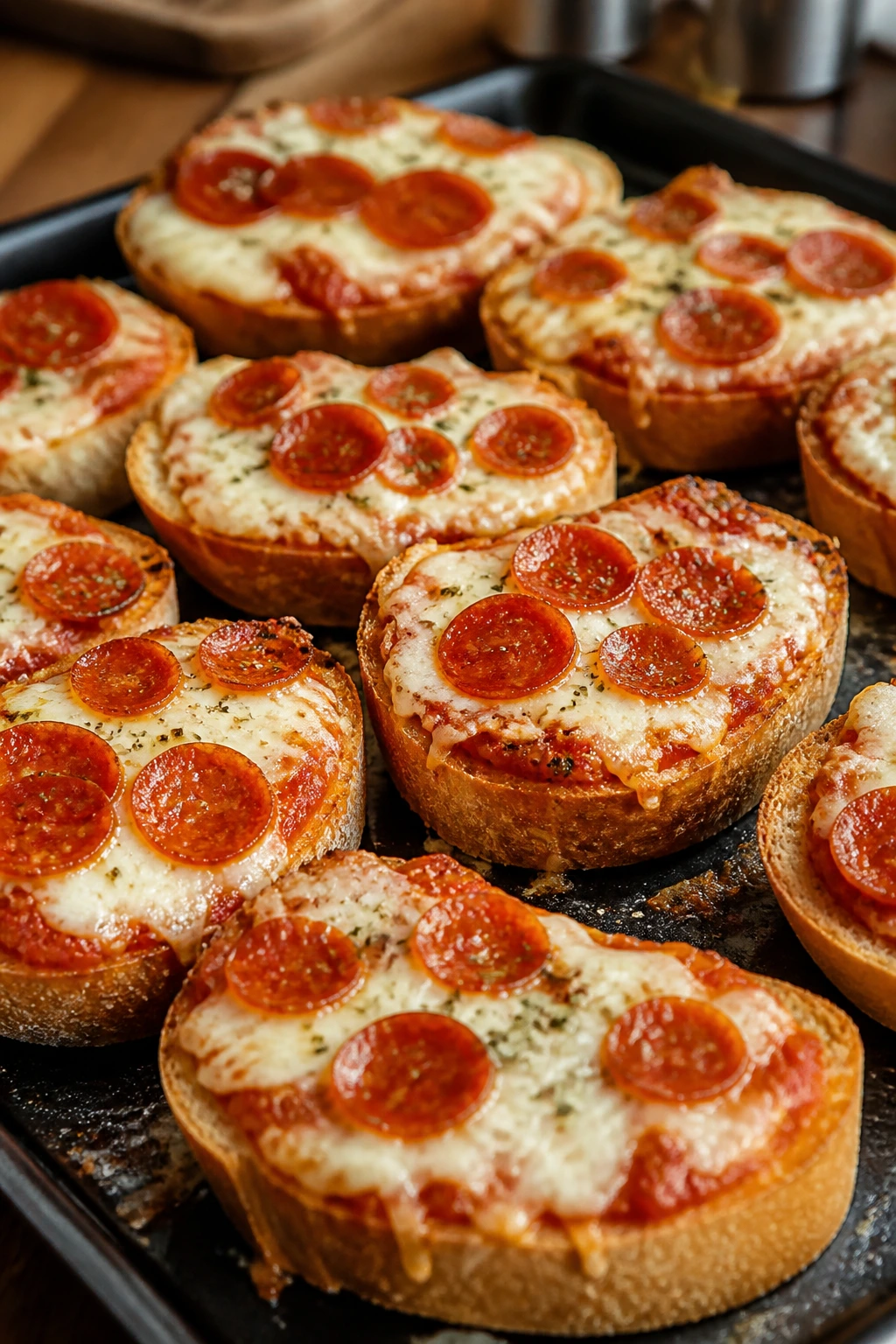 Close-up of French bread pizza bites with sauce and cheese on a baking tray.