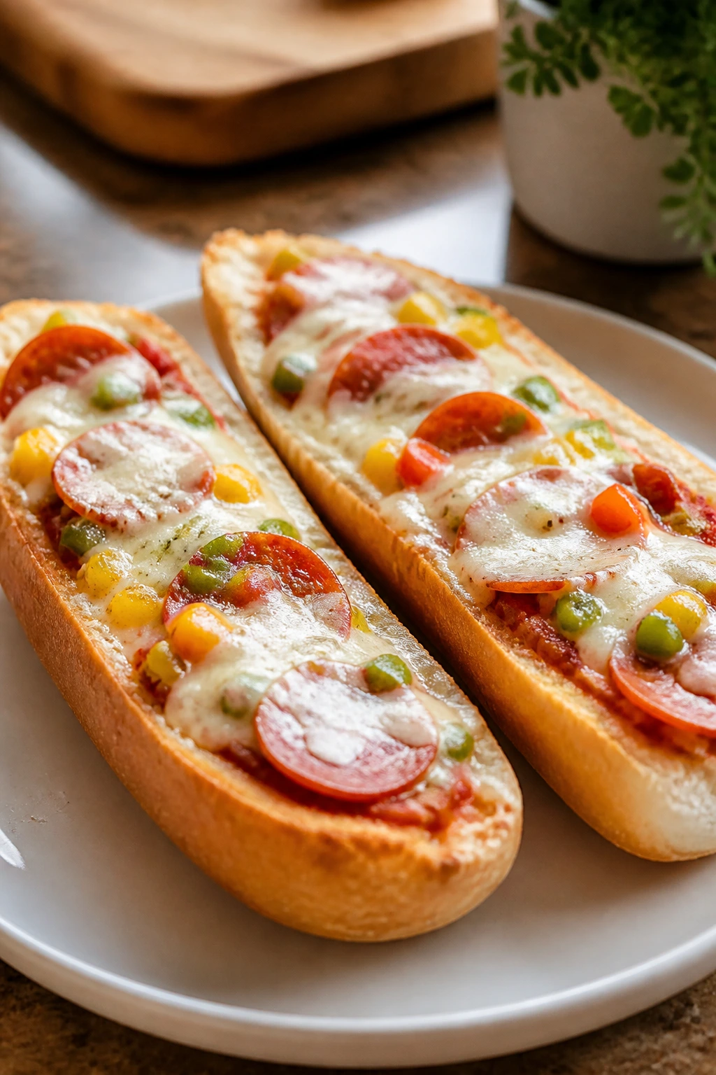 Two French bread pizza boats with melted cheese on a plate.