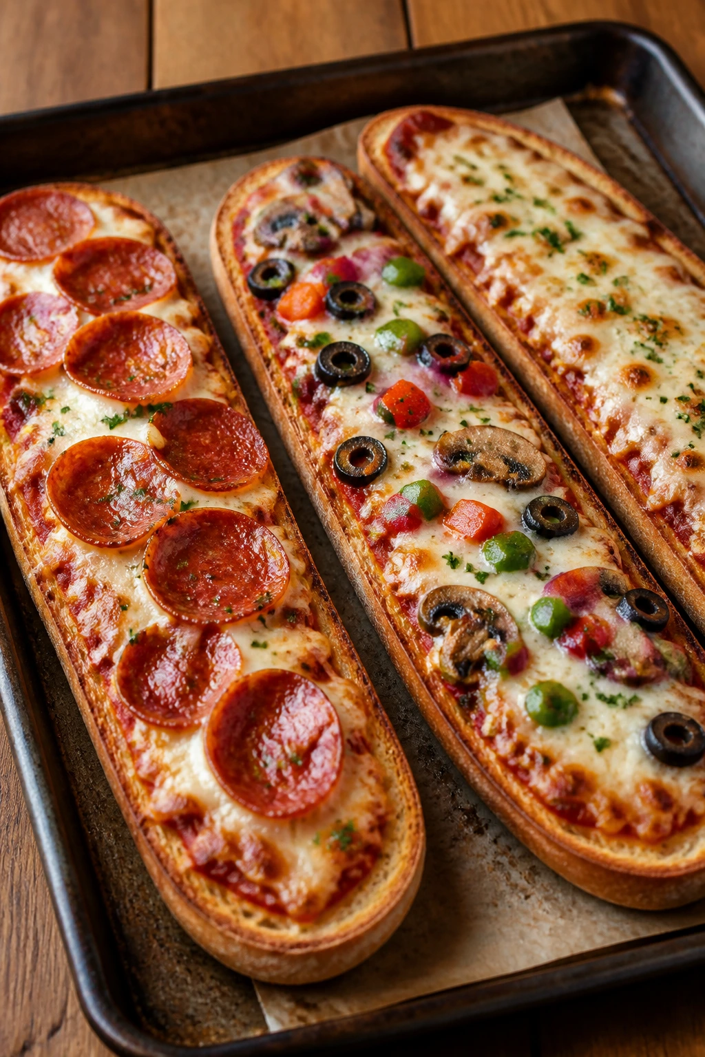 Open-face French bread pizza boats with cheese and pepperoni on a baking sheet