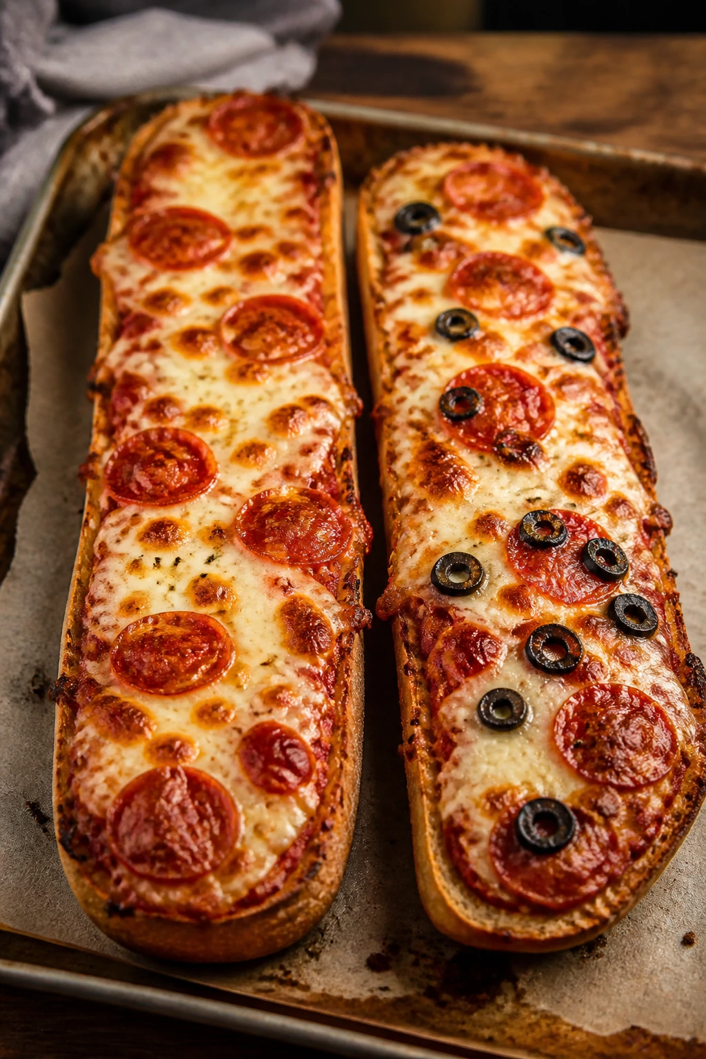 French bread pizza boats with sauce and cheese on a baking sheet